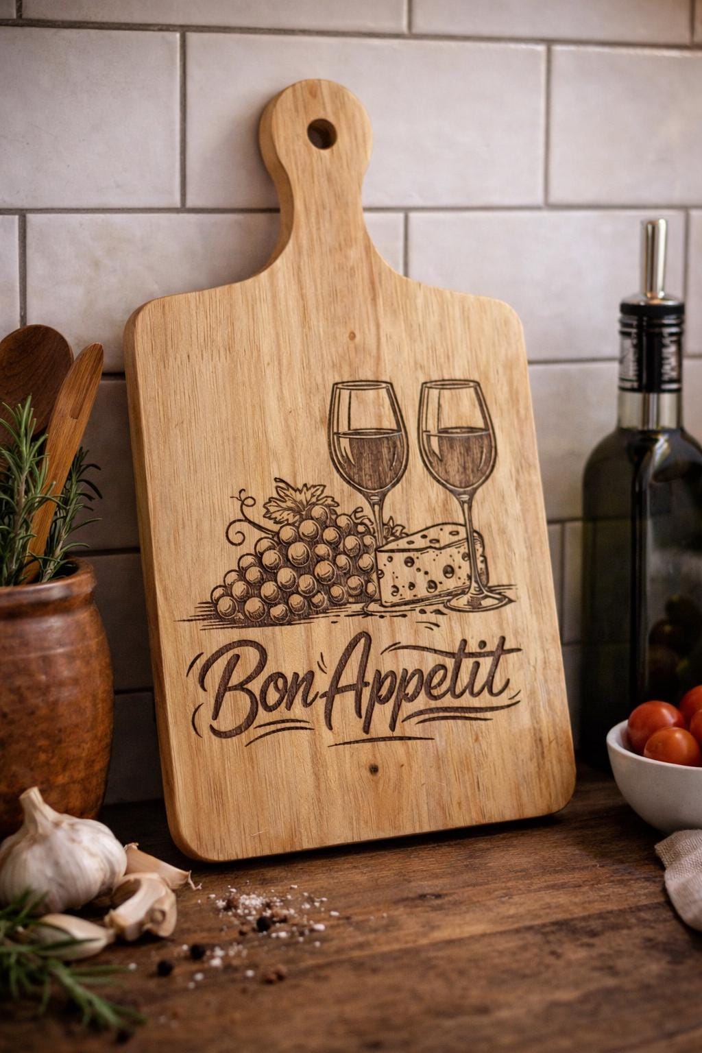 Personalized Engraved Wooden Charcuterie Board | Wine Country Scene Cutting Board
