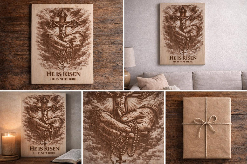 He Is Risen Engraved Wood Cross Art.. | Christian Faith Wall Decor (16x12)
