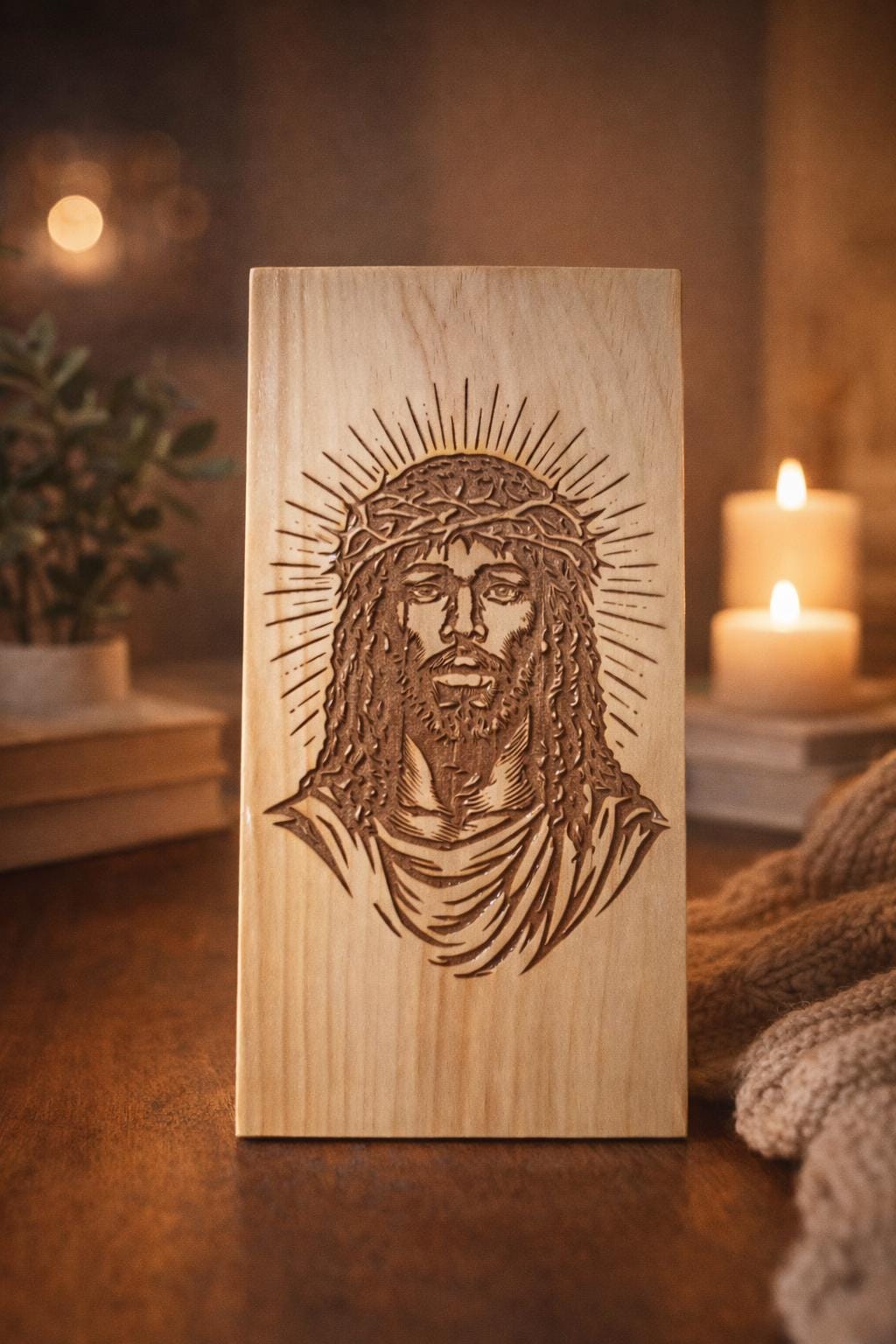 Engraved Jesus Christ Wood Block Decor | Faith Based Wall Art Sign