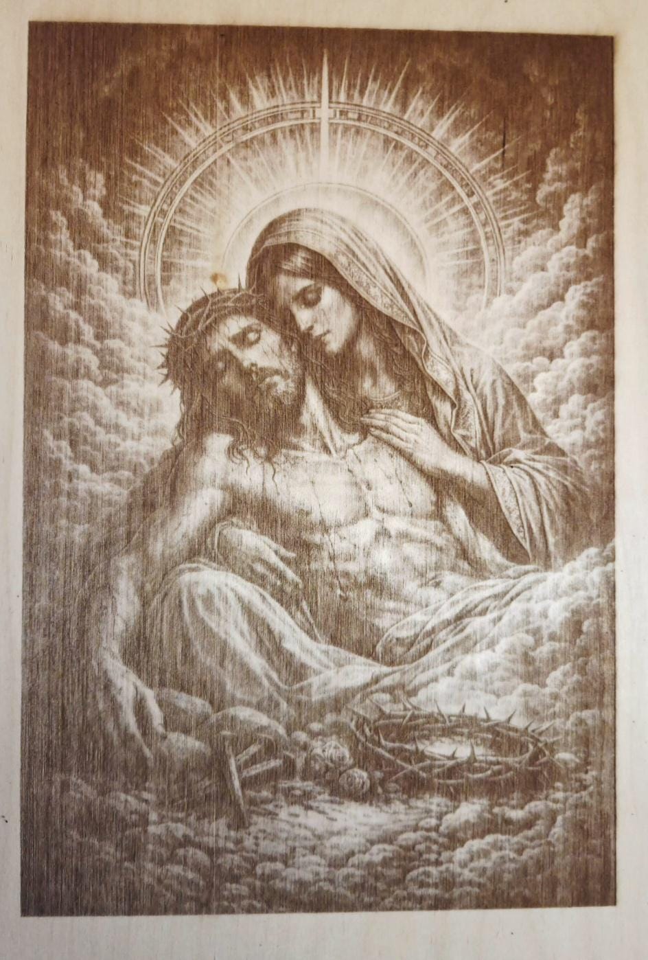 Mother Mary & Jesus Engraved Wood Art | Religious Wall Decor | Christian Gift | Sacred Art Panel | Faith-Based Home Decor 16x12