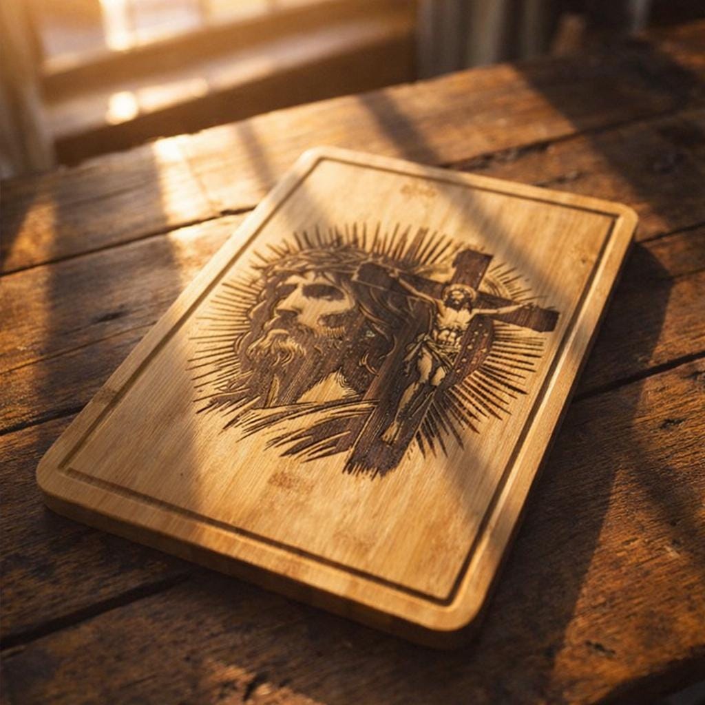 Jesus Cross Engraved Bamboo Cutting Board | Christian Kitchen Decor