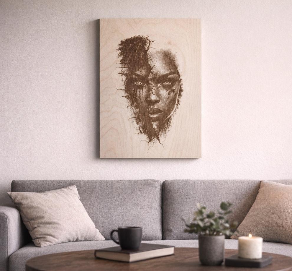 Fractured Beauty – African American Wall Art | 16x12 Laser Engraved Wood Panel | Black Woman Portrait | Emotional Art Decor