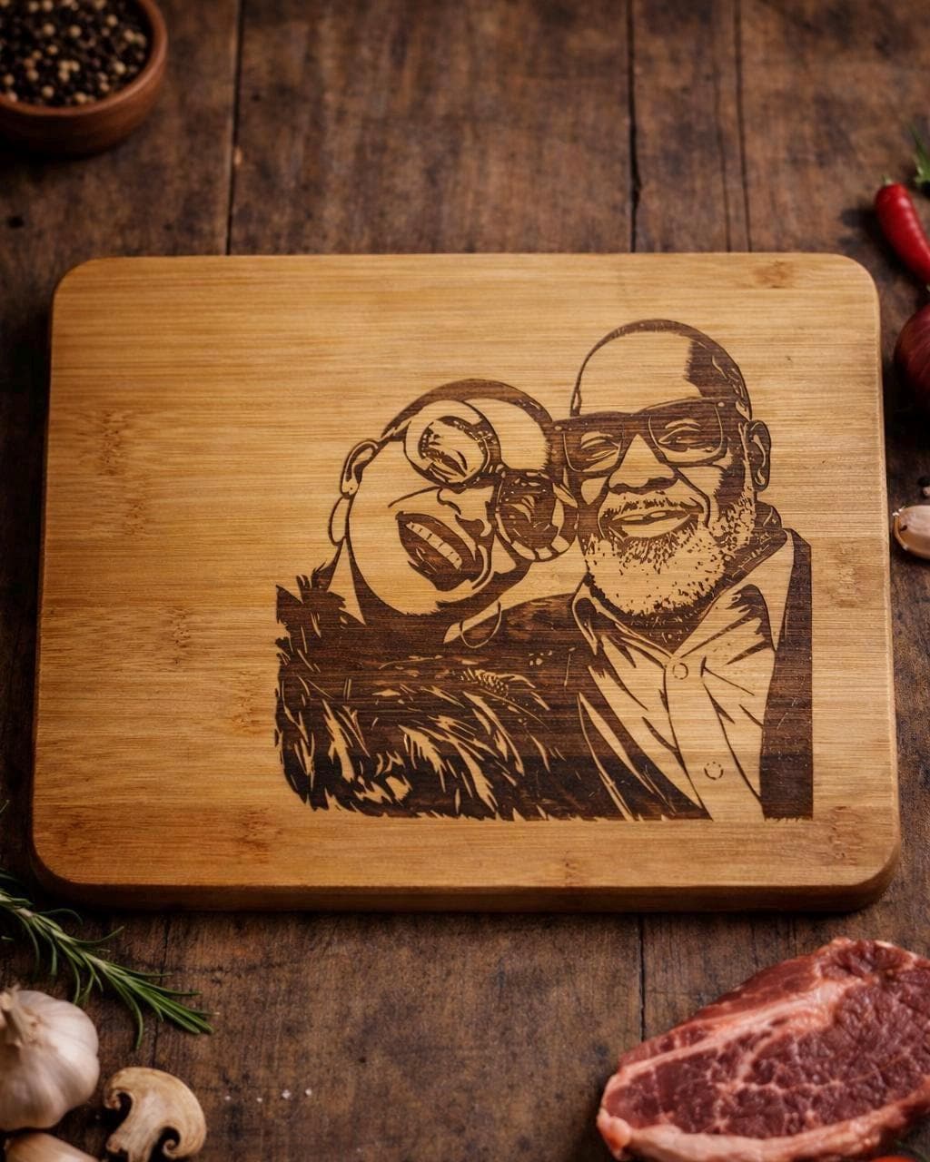 Wooden cutting board with engraved portrait on a rustic wooden surface with food items.