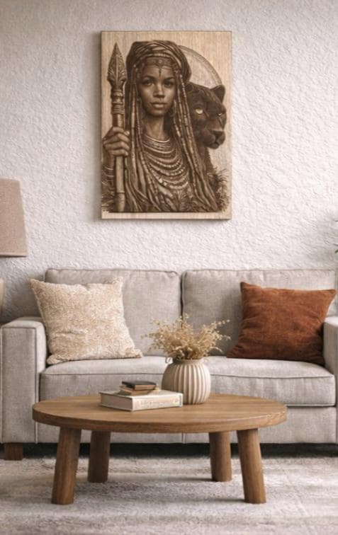 African Warrior Panther Wood Engraving | 16x12 Tribal Wall Art, Black Heritage Decor