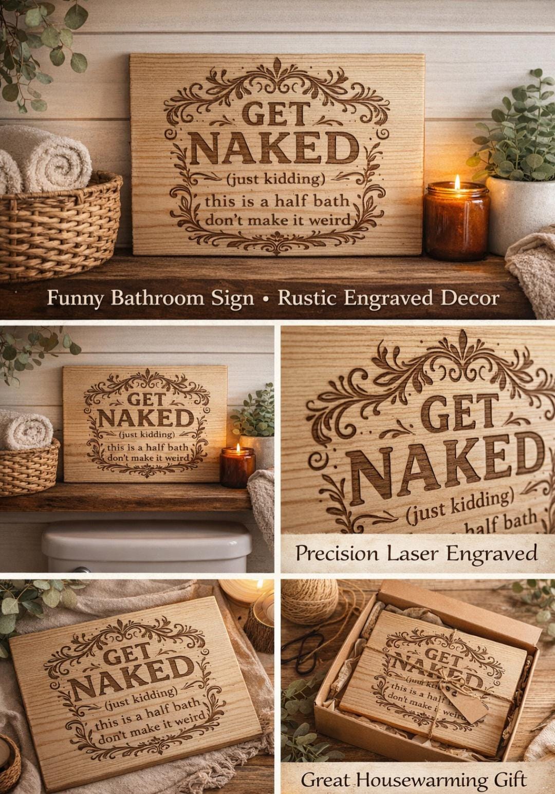 Funny Bathroom Sign – “Get Naked (Just Kidding)” Engraved Wood Sign – Guest Bathroom Humor – Rustic Farmhouse Bathroom Decor – Half Bath Wal