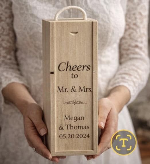 Wooden wine box with 'Cheers to Mr. & Mrs.' text held by a person