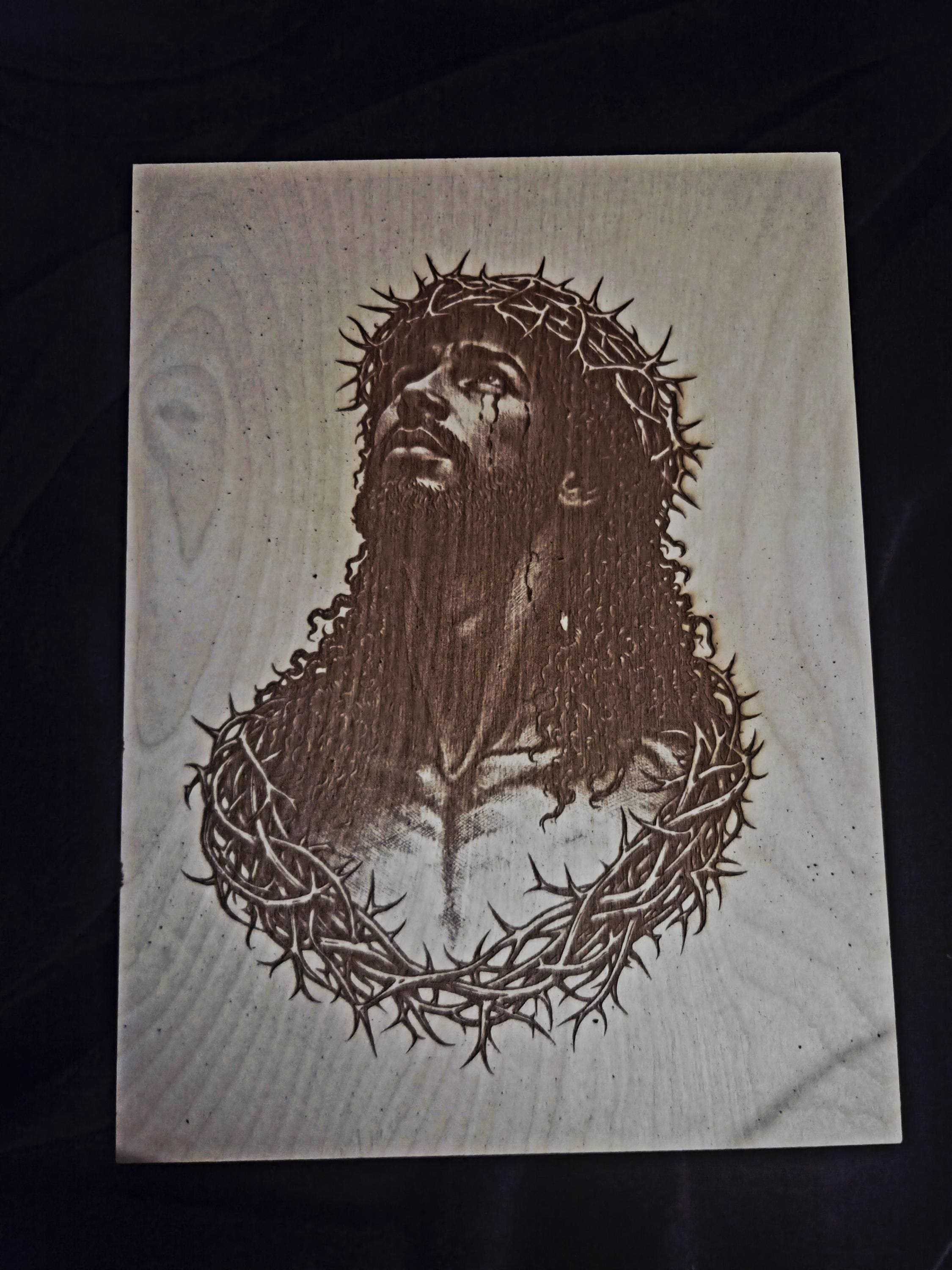 Black Jesus Wood Engraving | Crown of Thorns Portrait | Christian Faith Wall Art (16x12)
