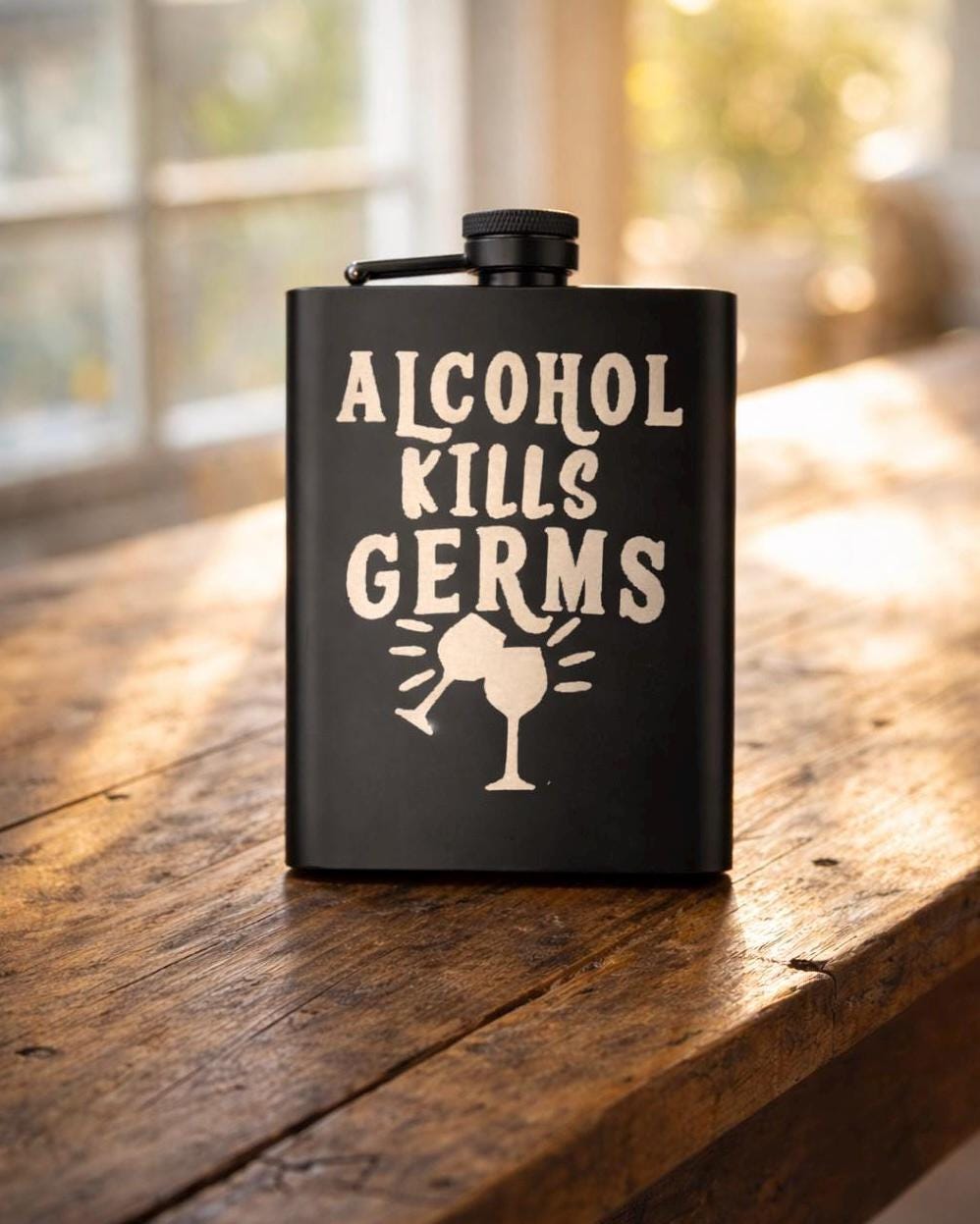 Funny Engraved Flask | Alcohol Kills Germs Barware Gift