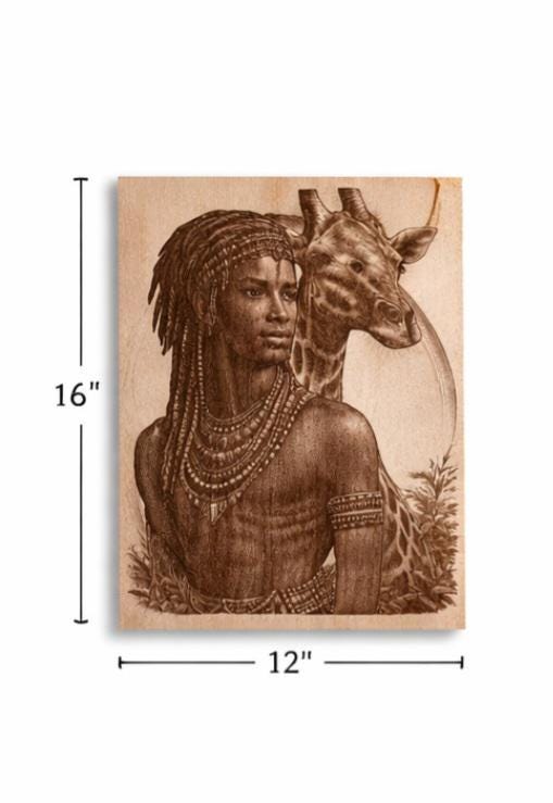 African Warrior Giraffe Wood Engraving | 16x12 Tribal Wall Art, Black Heritage Decor
