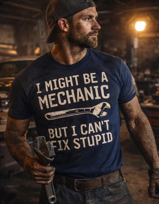 Funny Mechanic Shirt – I Might Be A Mechanic But I Can’t Fix Stupid. – Wrench Humor Tee – Garage Shirt – Gift for Him – Handyman Shirt