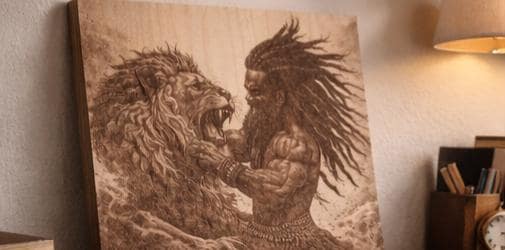 Samson vs Lion Engraved Wood Art | 16x12 Biblical Strength Wall Decor | African Heritage Piece