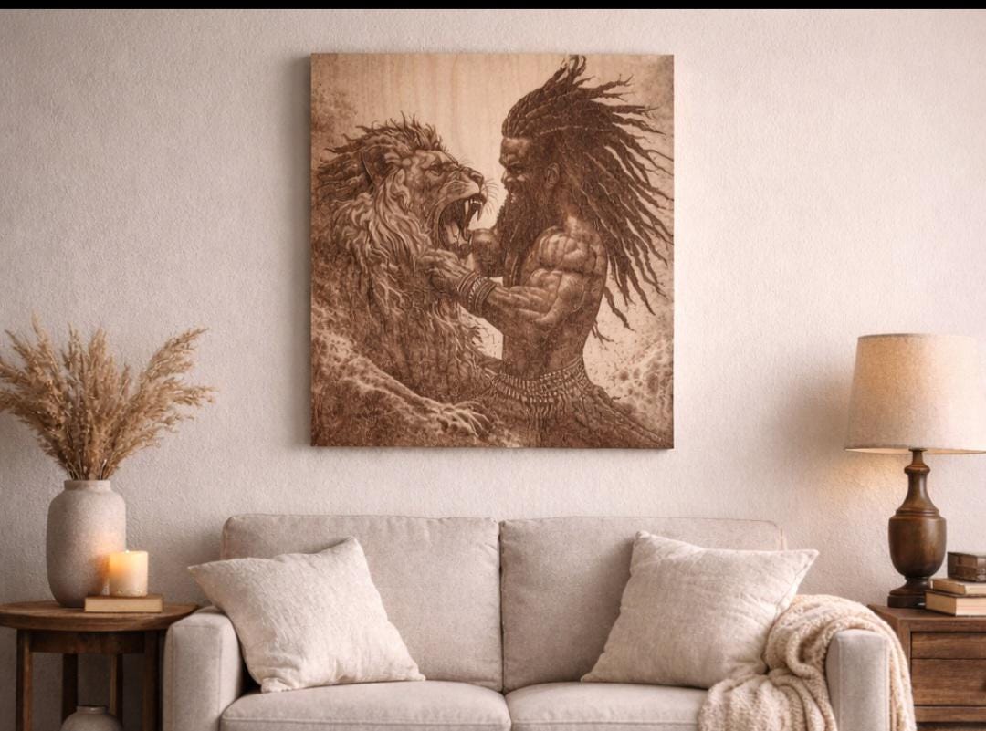 Samson vs Lion Engraved Wood Art | 16x12 Biblical Strength Wall Decor | African Heritage Piece