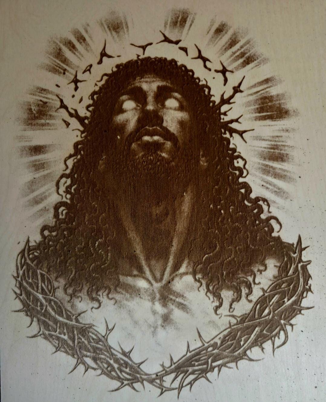 Black Jesus Wood Engraving | Crown of Thorns Faith Art (16x12")