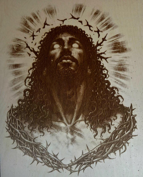 Black Jesus Wood Engraving | Crown of Thorns Faith Art (16x12")