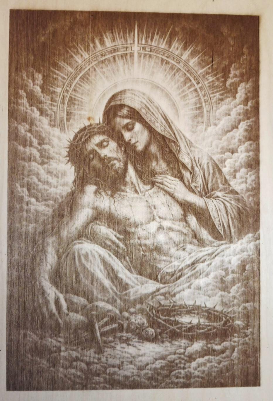 Mother Mary & Jesus Engraved Wood Art | Religious Wall Decor | Christian Gift | Sacred Art Panel | Faith-Based Home Decor 16x12