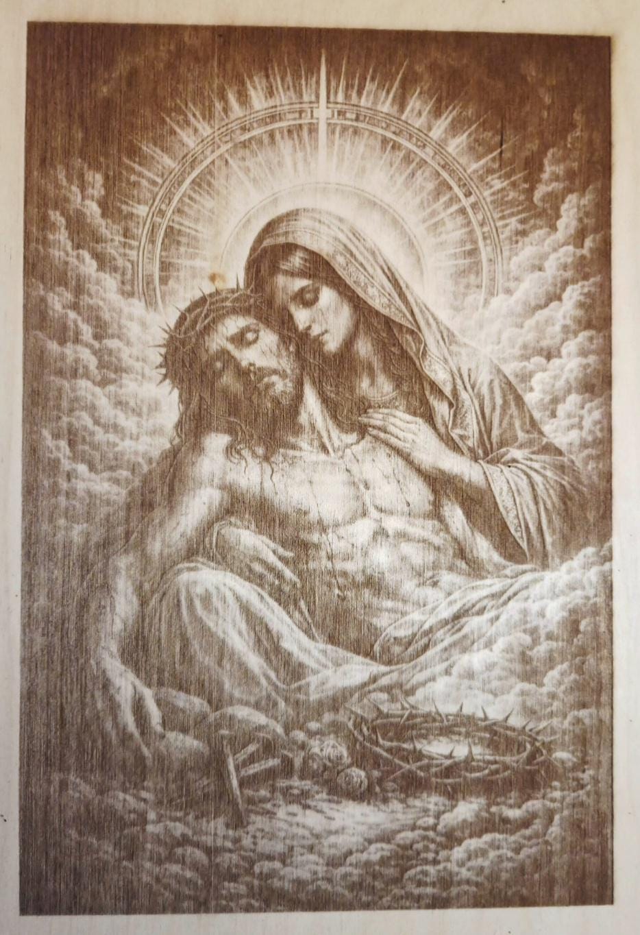 Mother Mary & Jesus Engraved Wood Art | Religious Wall Decor | Christian Gift | Sacred Art Panel | Faith-Based Home Decor 16x12