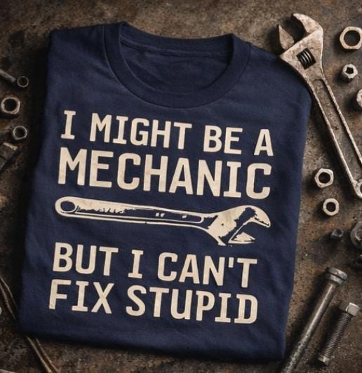 Funny Mechanic Shirt – I Might Be A Mechanic But I Can’t Fix Stupid. – Wrench Humor Tee – Garage Shirt – Gift for Him – Handyman Shirt