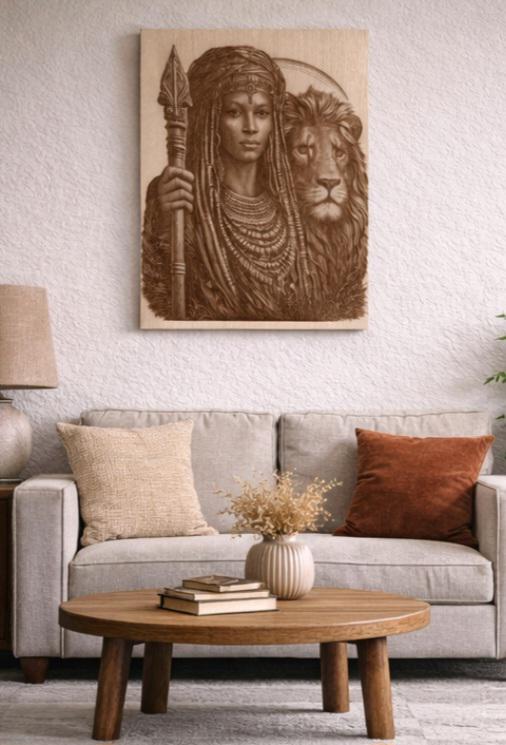 African Warrior Panther Wood Engraving | 16x12 Tribal Wall Art, Black Heritage Decor