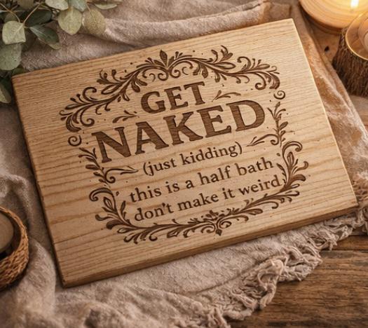 Funny Bathroom Sign – “Get Naked (Just Kidding)” Engraved Wood Sign – Guest Bathroom Humor – Rustic Farmhouse Bathroom Decor – Half Bath Wal