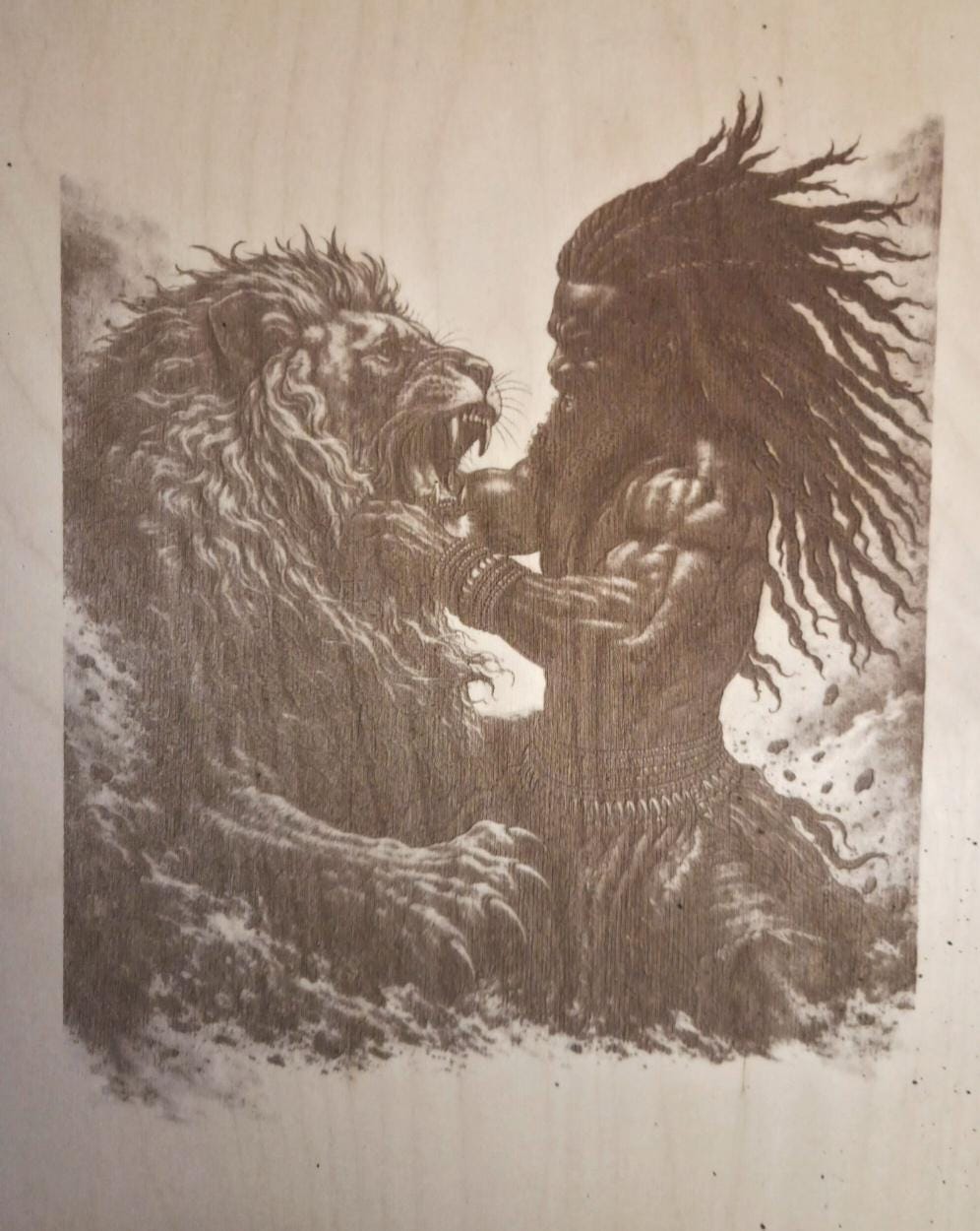 Samson vs Lion Engraved Wood Art | 16x12 Biblical Strength Wall Decor | African Heritage Piece