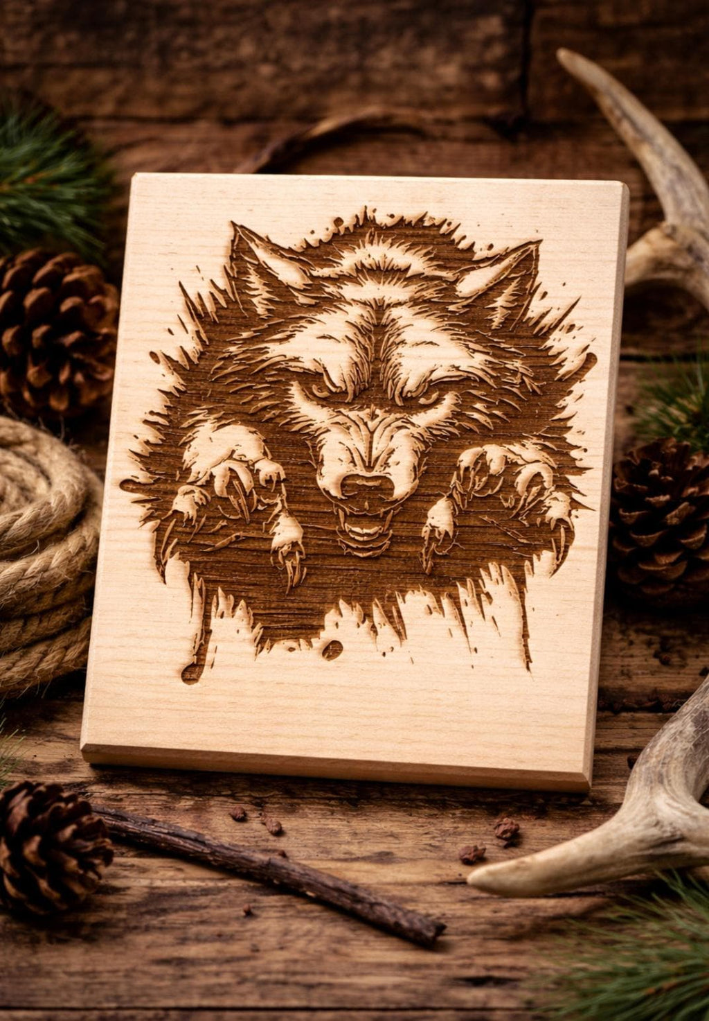 Laser Engraved Wolf Plaque | Rustic Solid Wood Wildlife Wall Art