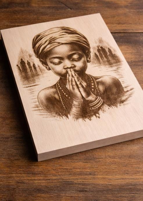 African Child Prayer Wood Engraving. | 11x8 Handmade Laser Engraved Wall Art | Spiritual Black Art | Strength of the Anointed Series Panel II