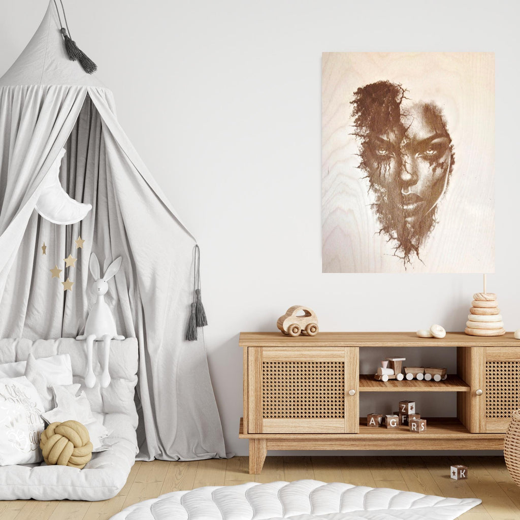 Fractured Beauty – African American Wall Art | 16x12 Laser Engraved Wood Panel | Black Woman Portrait | Emotional Art Decor