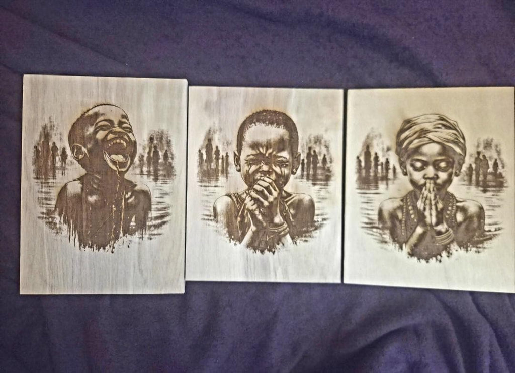 African Child Wood Wall Art Set (3 Panels) | Joy Pain Faith Series | 11x8 Laser Engraved Wood Art | Black Art Decor | Strength of the Anoint
