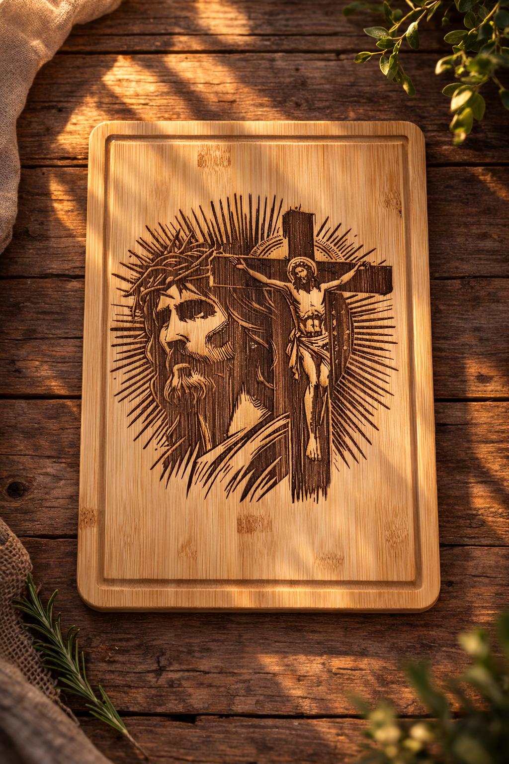 Jesus Cross Engraved Bamboo Cutting Board | Christian Kitchen Decor