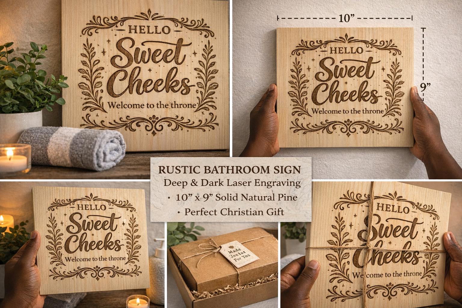 Hello Sweet Cheeks Wooden Sign – Funny Farmhouse Bathroom Wall Art