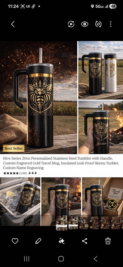 20oz Skinny Tumbler with Handle | Gold Series Custom Engraved Gold Tumbler | Leak Proof Travel Mug | Personalized | King BEE TUMBLER