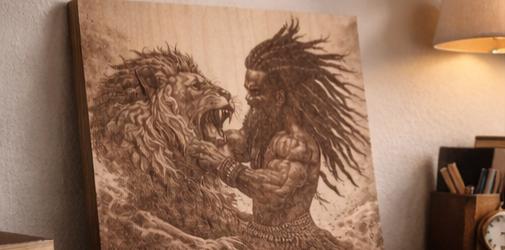 Samson vs Lion Engraved Wood Art | 16x12 Biblical Strength Wall Decor | African Heritage Piece