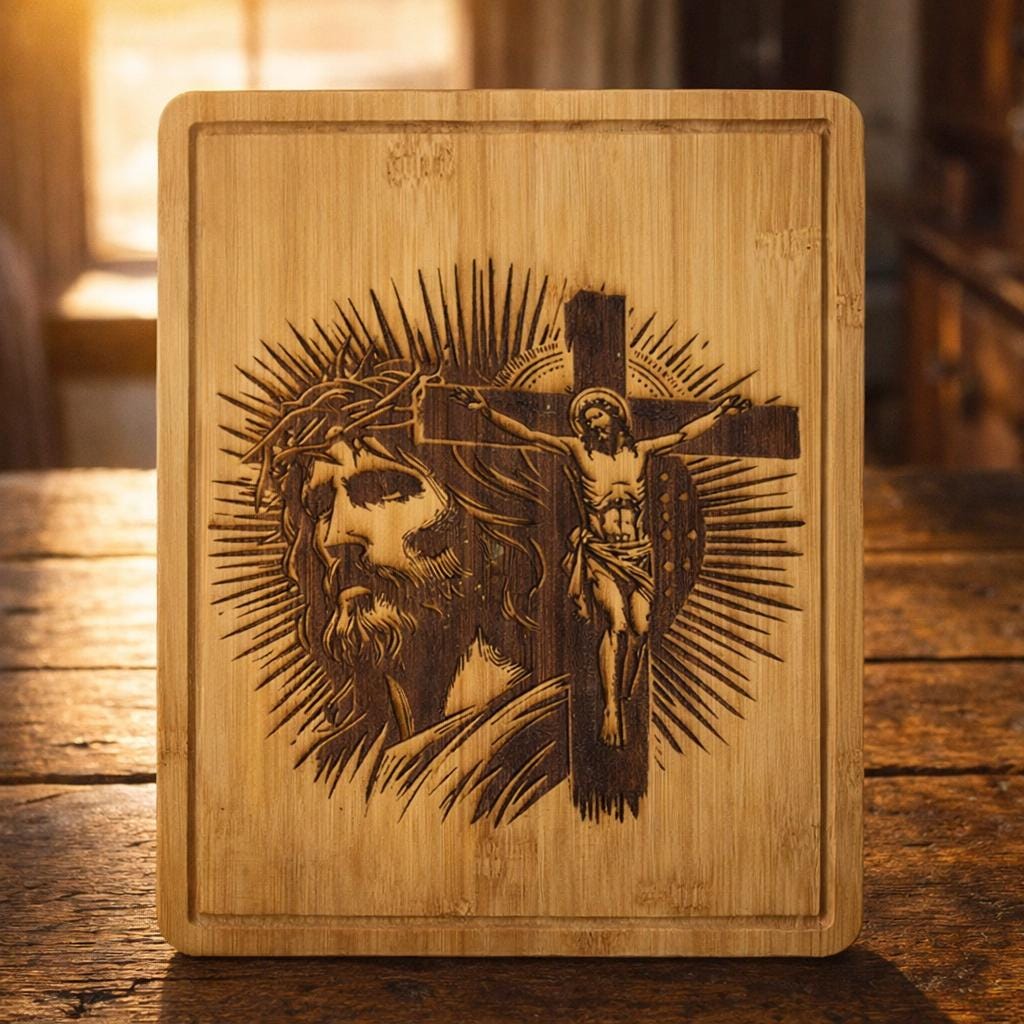 Jesus Cross Engraved Bamboo Cutting Board | Christian Kitchen Decor
