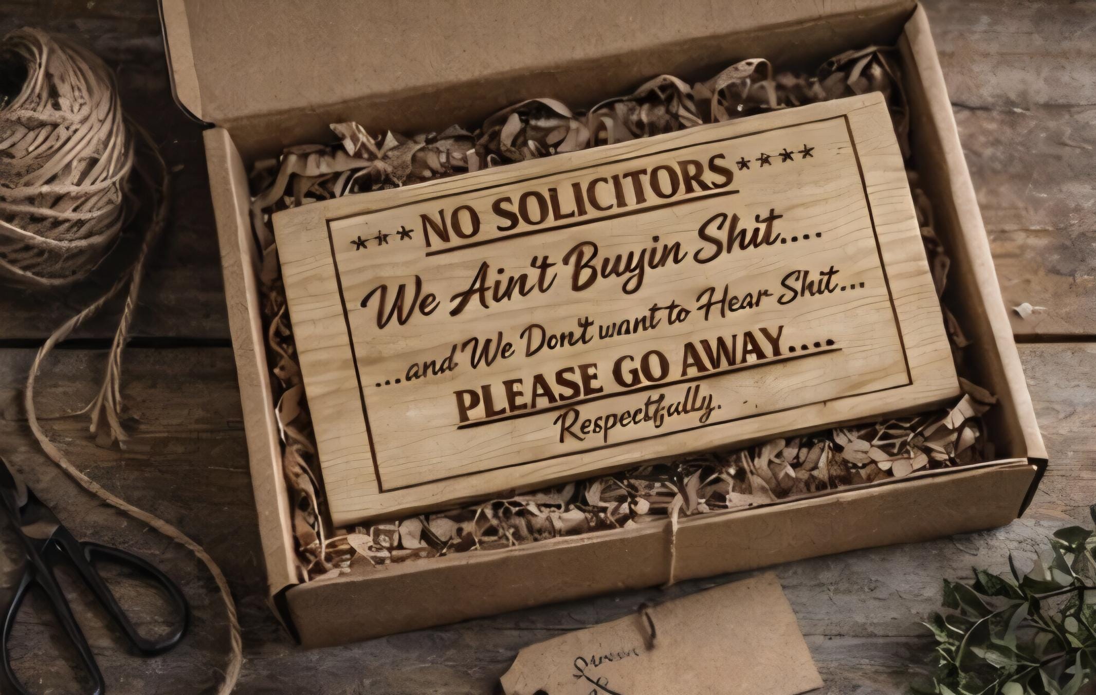 Funny No Soliciting Sign 10x5 | Offensive Door Sign | We Ain’t Buyin Sh*t | Rustic Wood Engraved Sign | Funny Front Door Decor | Housewarmin