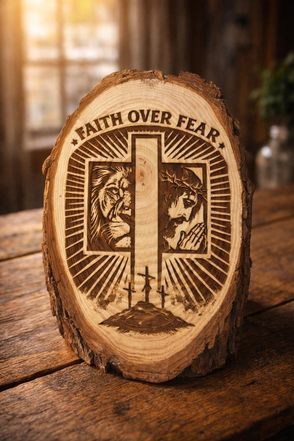 Faith Over Fear Engraved Wood Slice | Christian Cross Wall Decor, Lion, Jesus, Rustic Sign