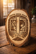 Faith Over Fear Engraved Wood Slice | Christian Cross Wall Decor, Lion, Jesus, Rustic Sign