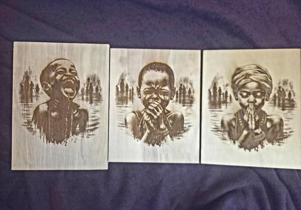 African Child Wood Wall Art Set (3 Panels) | Joy Pain Faith Series | 11x8 Laser Engraved Wood Art | Black Art Decor | Strength of the Anoint