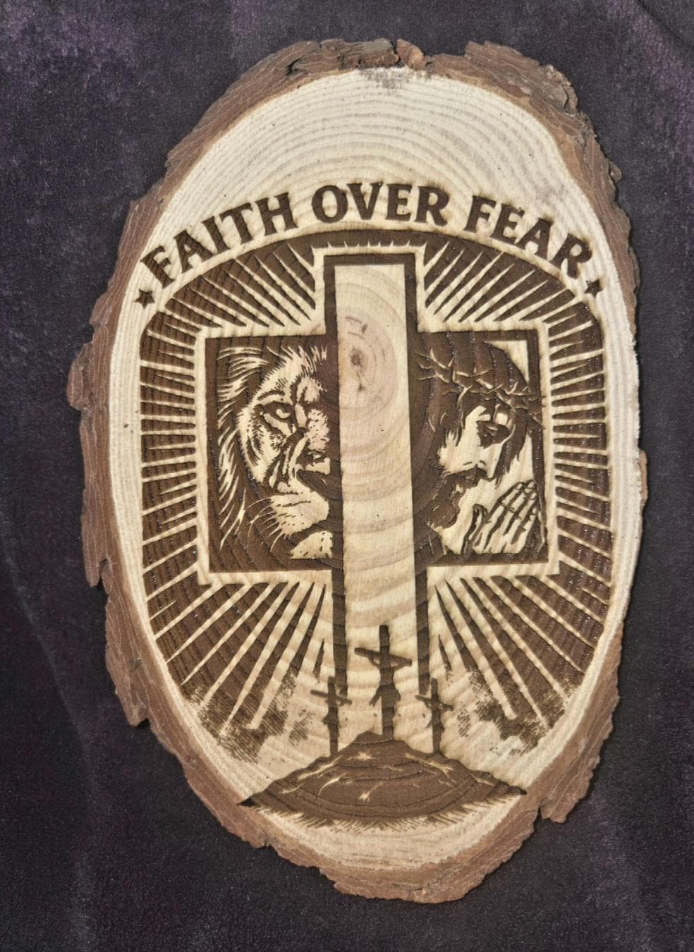 Faith Over Fear Engraved Wood Slice | Christian Cross Wall Decor, Lion, Jesus, Rustic Sign