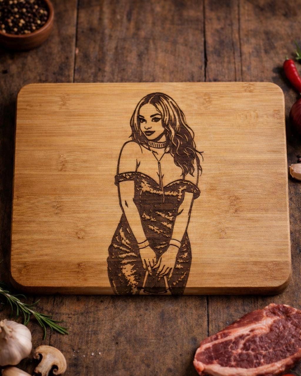 Wooden cutting board with a laser-engraved design of a woman on a rustic wooden surface.