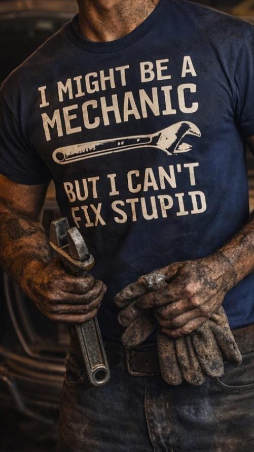 Funny Mechanic Shirt – I Might Be A Mechanic But I Can’t Fix Stupid. – Wrench Humor Tee – Garage Shirt – Gift for Him – Handyman Shirt