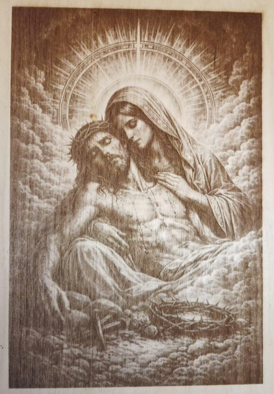 Mother Mary & Jesus Engraved Wood Art | Religious Wall Decor | Christian Gift | Sacred Art Panel | Faith-Based Home Decor 16x12