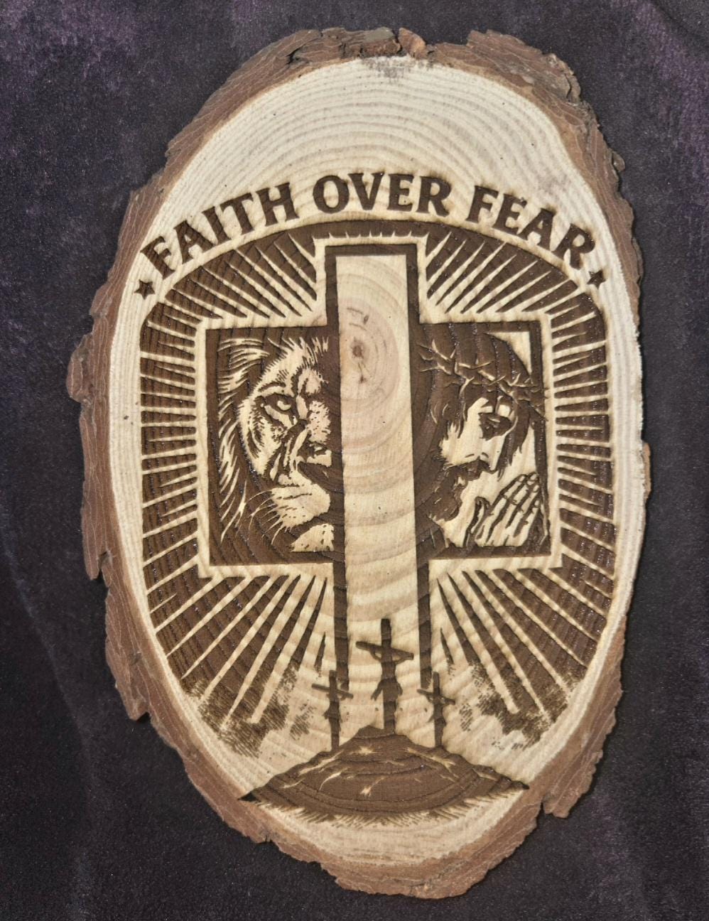 Faith Over Fear Engraved Wood Slice | Christian Cross Wall Decor, Lion, Jesus, Rustic Sign