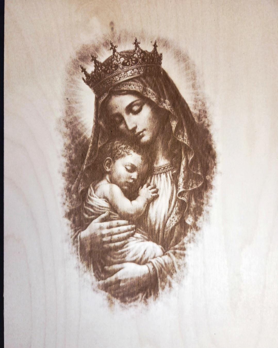 Mother Mary & Baby Jesus Engraved Wood Art | Christian Wall Decor | Religious Gift | Faith-Based Home Decor | 16x12 Panel