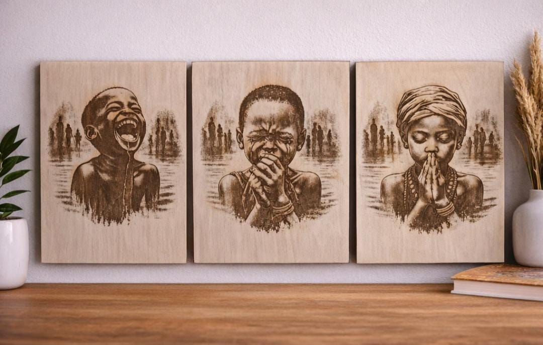 African Child Wood Wall Art Set (3 Panels) | Joy Pain Faith Series | 11x8 Laser Engraved Wood Art | Black Art Decor | Strength of the Anoint