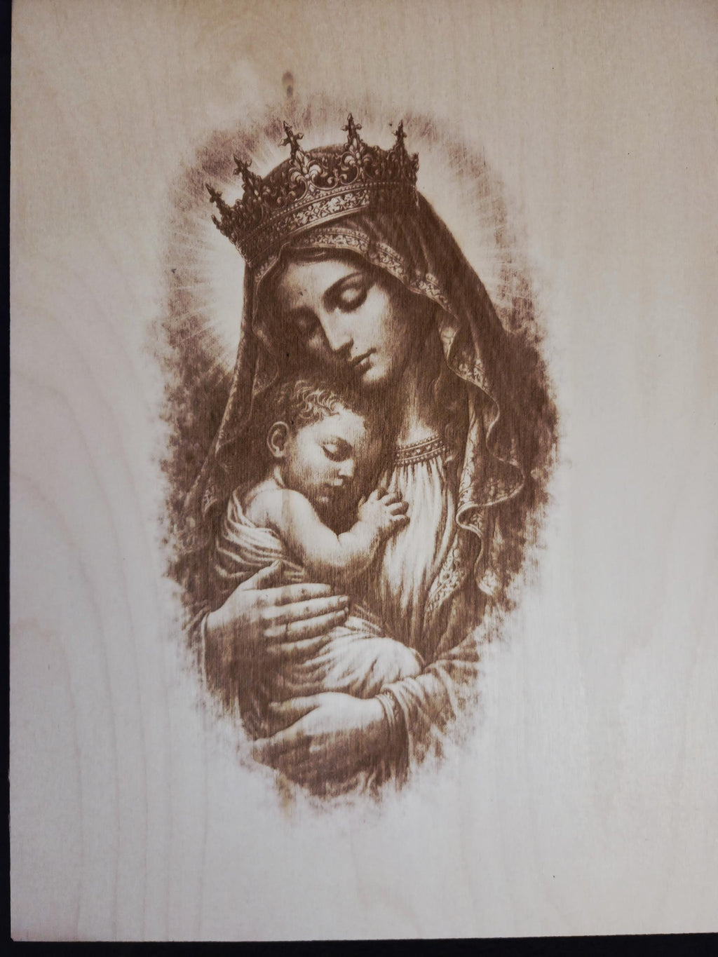 Mother Mary & Baby Jesus Engraved Wood Art | Christian Wall Decor | Religious Gift | Faith-Based Home Decor | 16x12 Panel