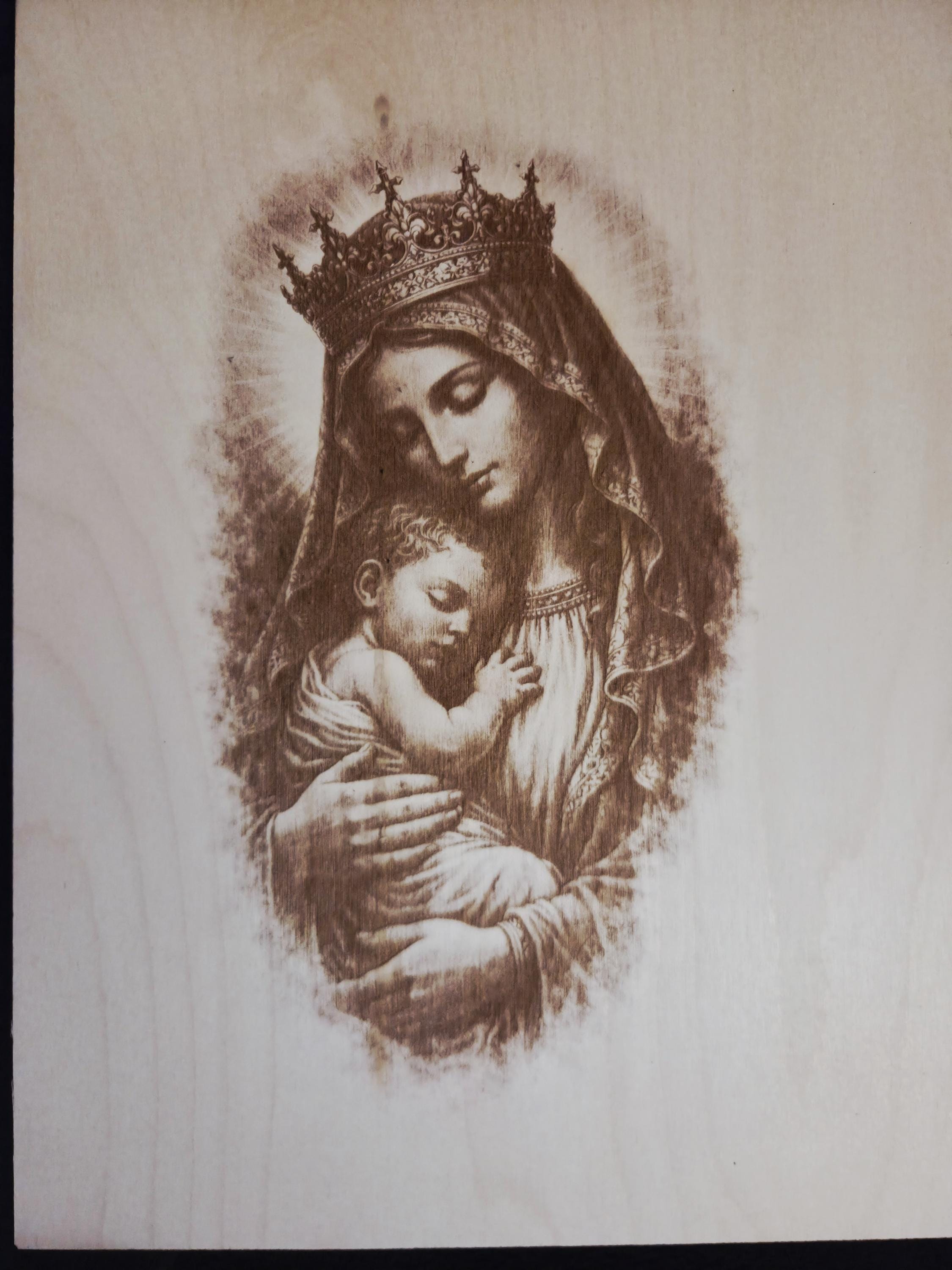 Mother Mary & Baby Jesus Engraved Wood Art | Christian Wall Decor | Religious Gift | Faith-Based Home Decor | 16x12 Panel
