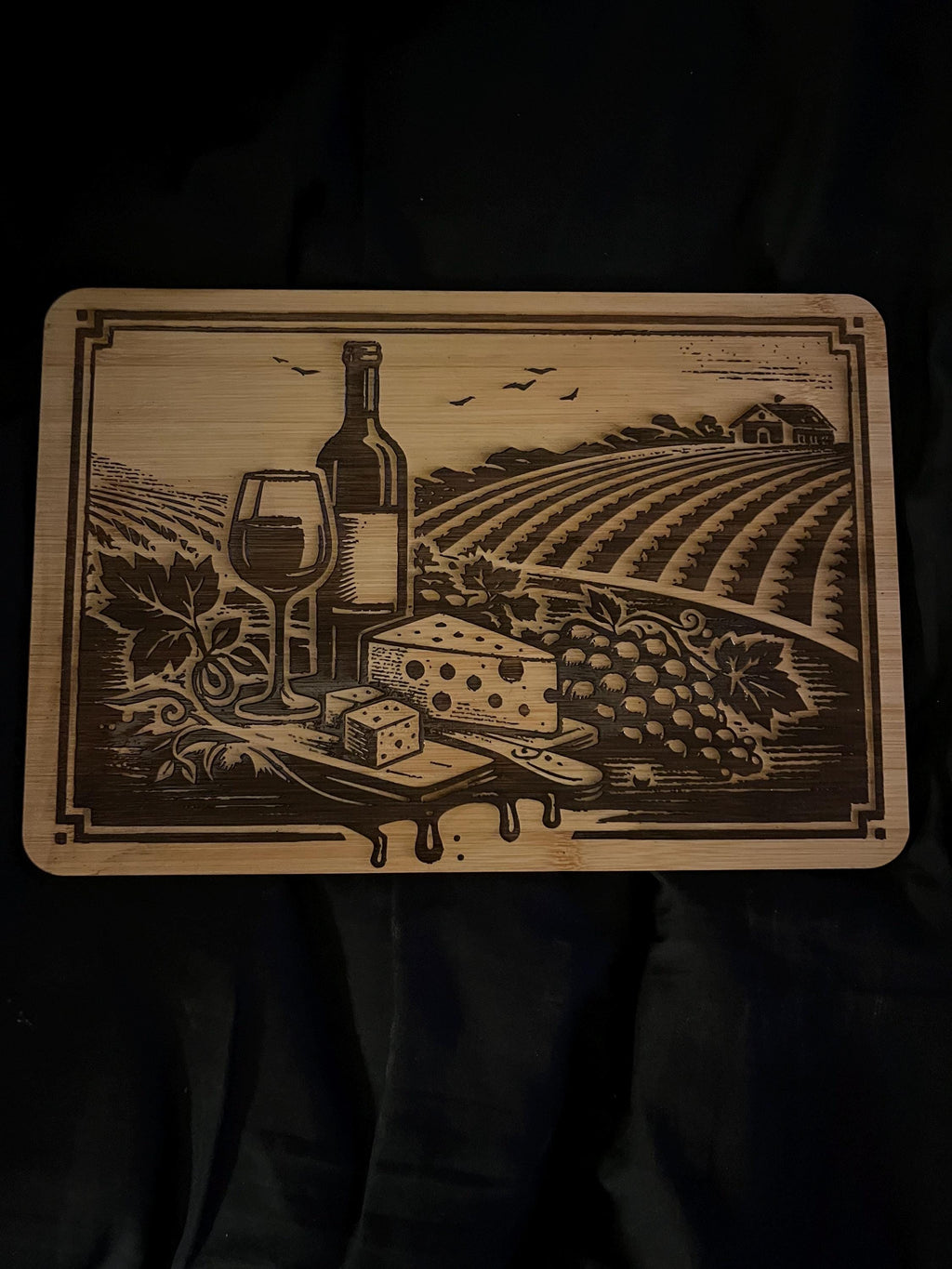 Personalized Engraved Wooden Charcuterie Board | Wine Country Scene Cutting Board