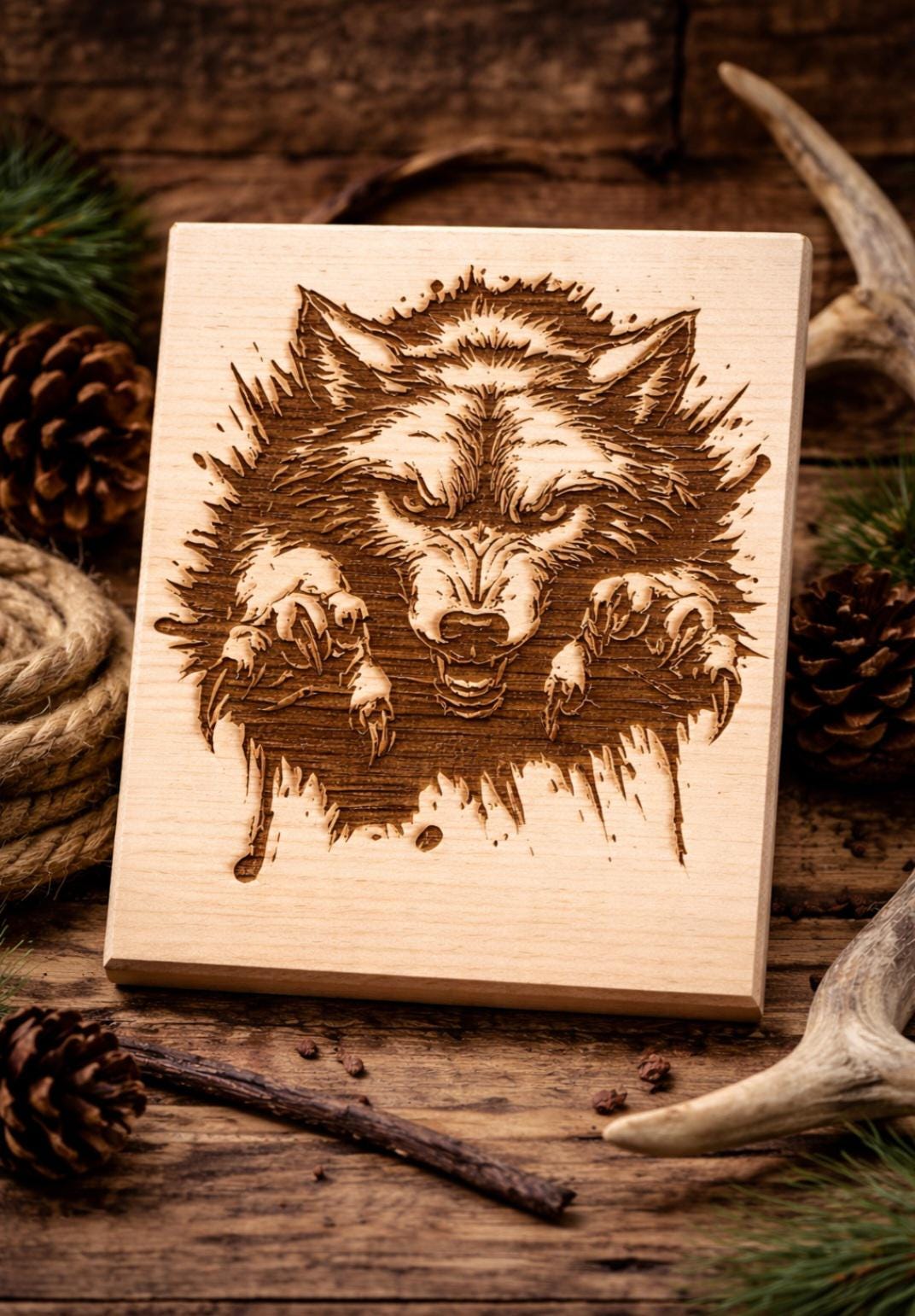 Laser Engraved Wolf Plaque | Rustic Solid Wood Wildlife Wall Art