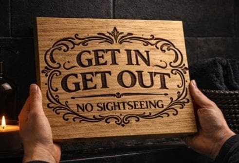 Funny Bathroom Sign – Get In Get Out No Sightseeing – Rustic Engraved Wood Bathroom Decor – Guest Bathroom Humor – Farmhouse Bathroom Sign
