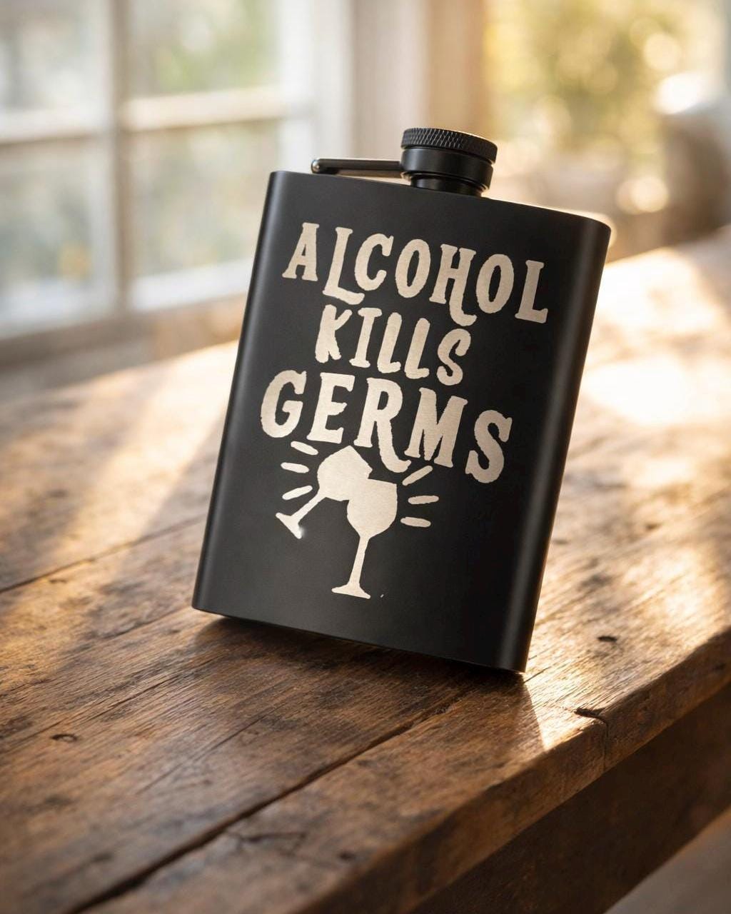 Funny Engraved Flask | Alcohol Kills Germs Barware Gift